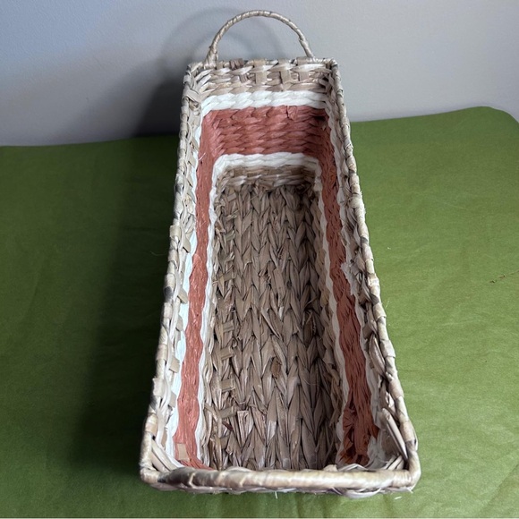 Tan and cream and terracotta color Woven Basket with Handles - Picture 3 of 6